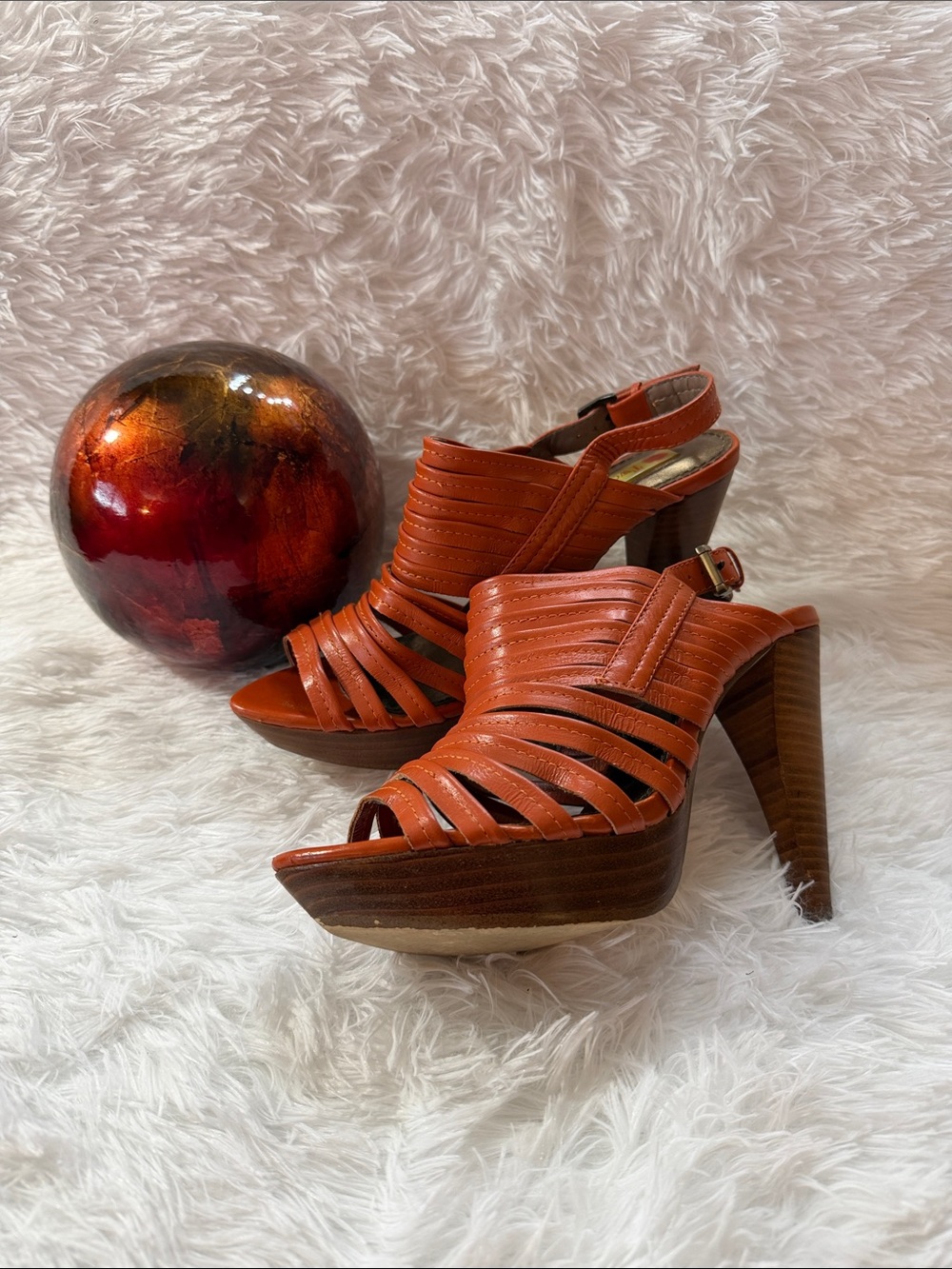Two Lips Burnt Orange Leather Strappy Slingback Heels